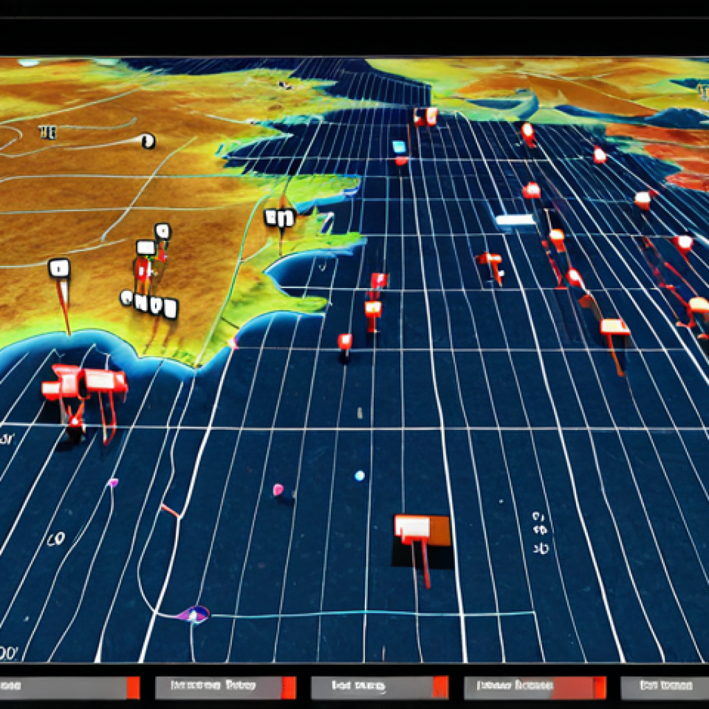 **A GPS directing a user through a vast, colorful data lake. The GPS screen displays clear paths and labels, contrasting with the chaotic, unlabeled data surrounding it.** (Focus: Visual representation of a data catalog guiding users through complex data.)