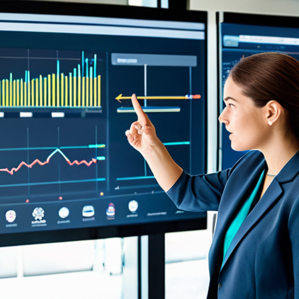 A professional female data strategist in a modest business suit, standing confidently in a bright, modern office boardroom. She is pointing at a large, transparent digital display showing abstract data flow visualizations and key business metrics, symbolizing alignment with strategic goals. The atmosphere is collaborative and forward-thinking, with soft studio lighting. Fully clothed, appropriate attire, safe for work, perfect anatomy, correct proportions, natural pose, well-formed hands, proper finger count, natural body proportions, appropriate content, family-friendly, professional photography, high resolution.