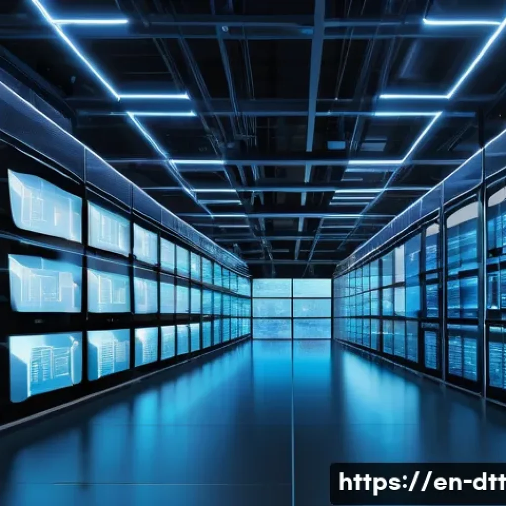 효율적인 데이터 레이크 구축 방법 - A high-tech, futuristic data center room showcasing a large-scale data lake architecture. The scene ...