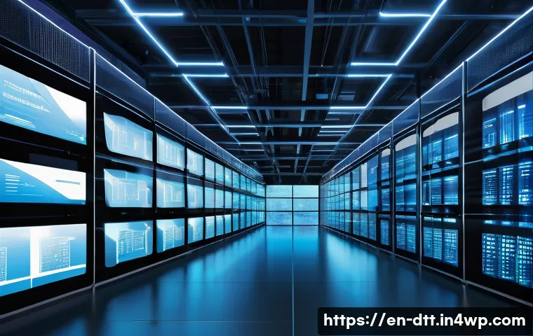 효율적인 데이터 레이크 구축 방법 - A high-tech, futuristic data center room showcasing a large-scale data lake architecture. The scene ...