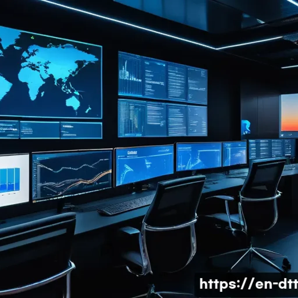 데이터 레이크에서 BI 도구와의 통합 방법 - A futuristic data analytics control room with multiple large transparent digital screens displaying ...