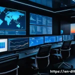 데이터 레이크에서 BI 도구와의 통합 방법 - A futuristic data analytics control room with multiple large transparent digital screens displaying ...