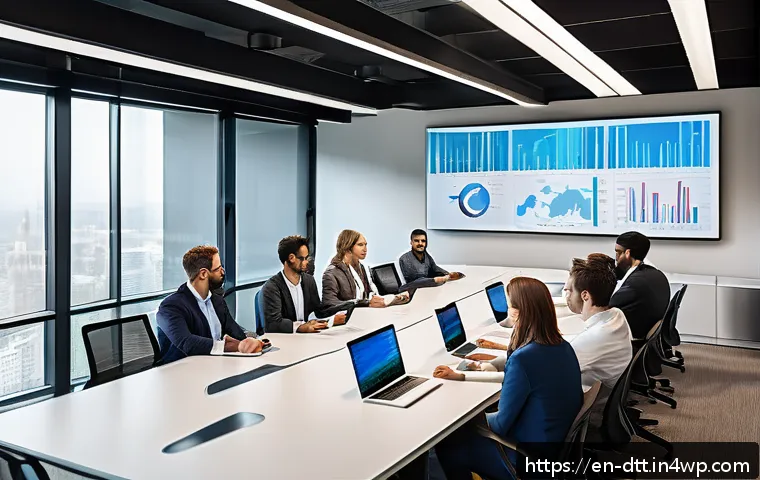 데이터 레이크 구축을 위한 프로젝트 관리 방법 - A modern corporate office meeting room with a diverse group of professionals—data engineers, analyst...